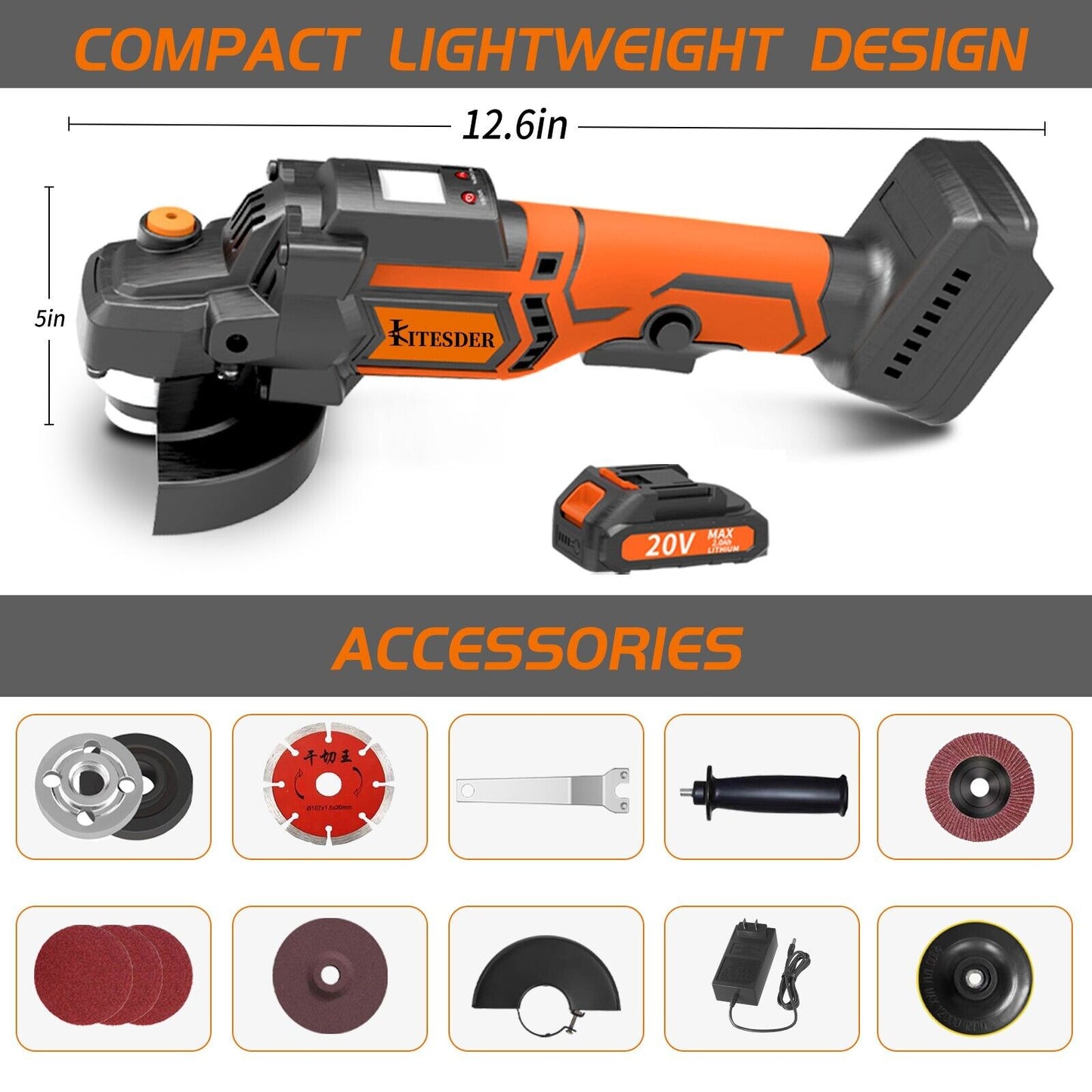 KITESDER Cordless Angle Grinder Handheld Saw 9000RPM with Battery Blade Toolkit