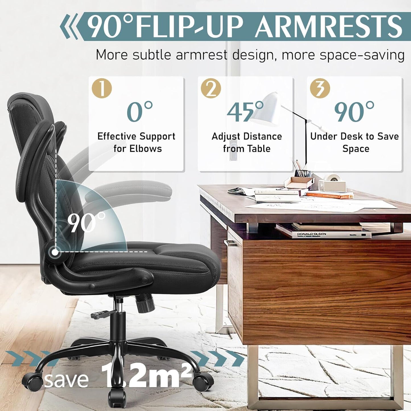 360°Swivel Free PU Home Computer Desk Chairs, Adjustable Armrests, Black