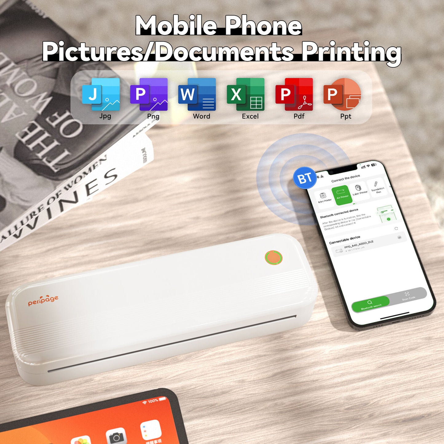 Peripage P40 A4 Portable Thermal Printer Wireless Mobile Photo Printer Y3U0