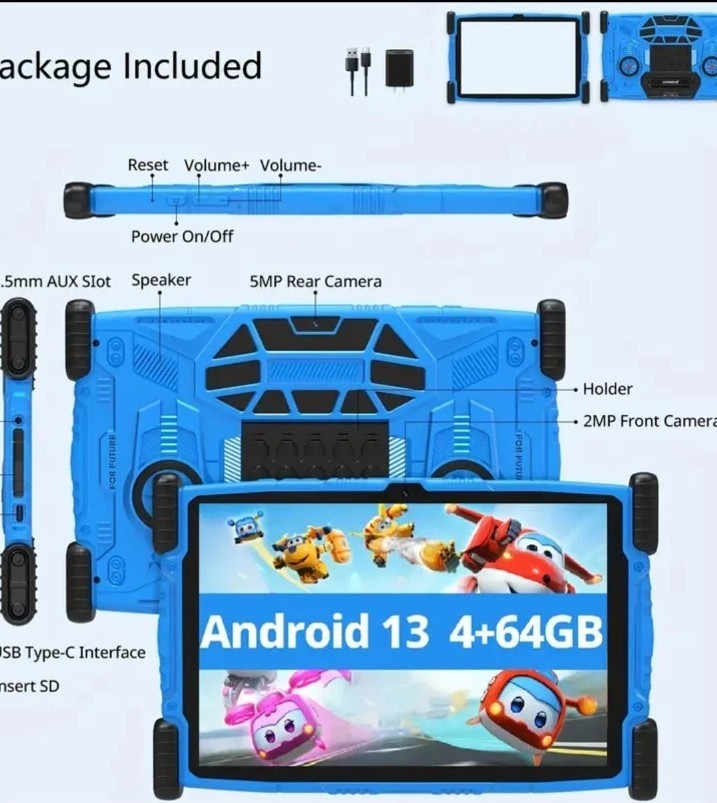 Kids Tablet, 10 Inch Tablet for Kids Android 13, 4GB+64GB/1 TB Expansion, Blue