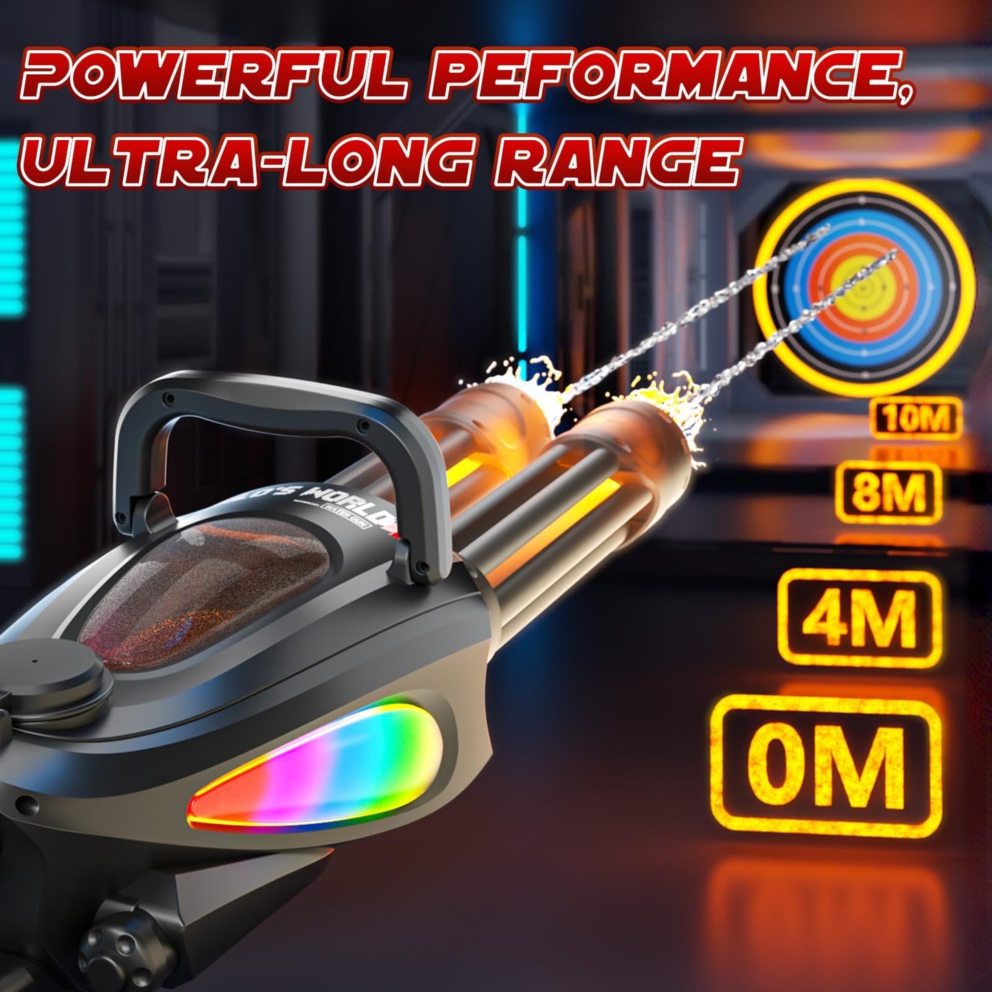 Gatling Electric Water Gun with Rotating Barrel, LED Muzzle Light, Dual Water...