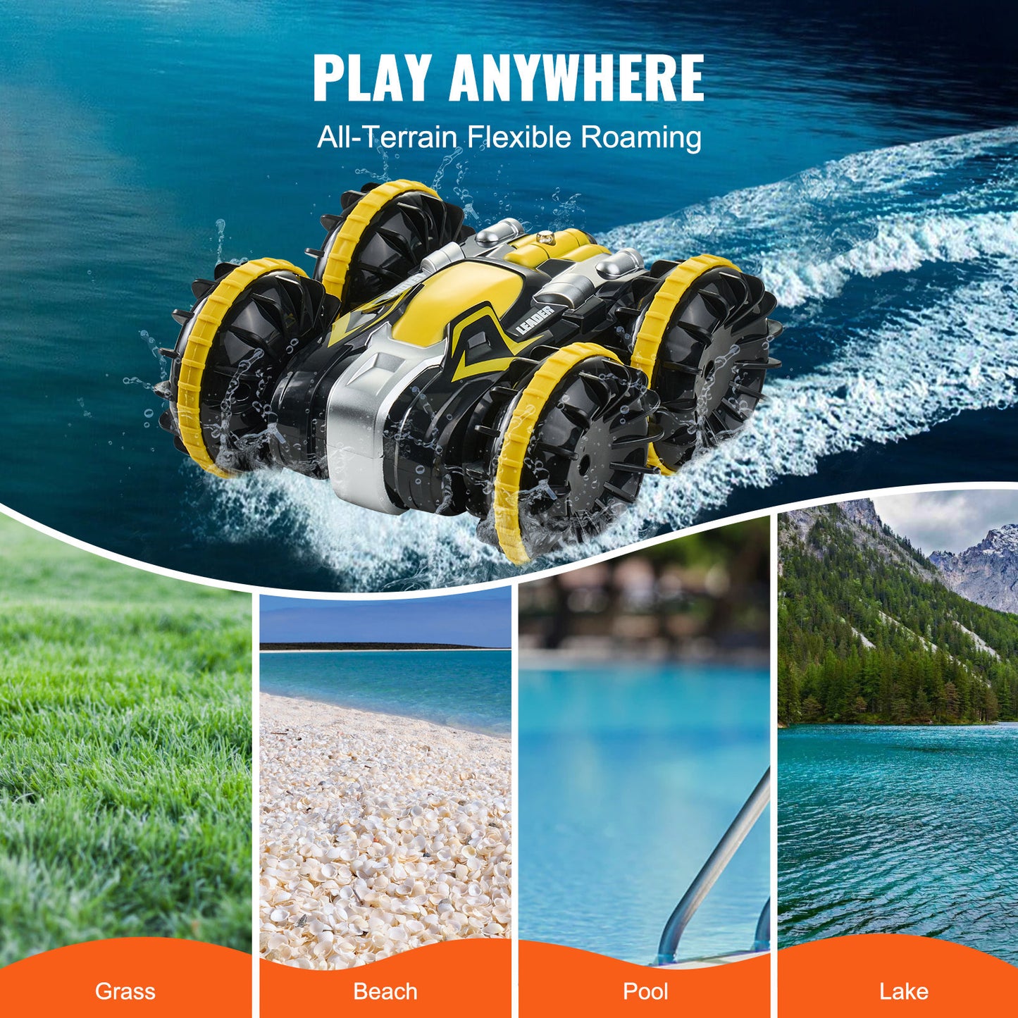 Amphibious Remote Control Car Boat 2.4 GHz 4WD RC Boat Kids Adults Yellow