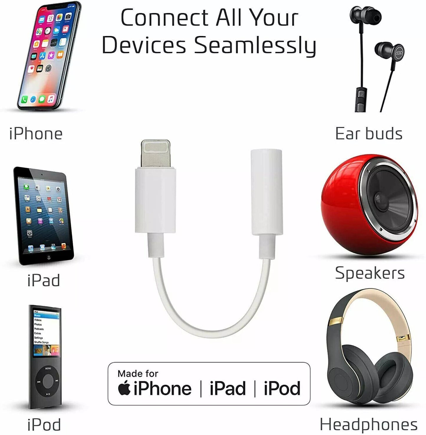 1-3PCS For iPhone Headphone Adapter Jack 8Pin to 3.5mm Aux Cord Dongle Converter