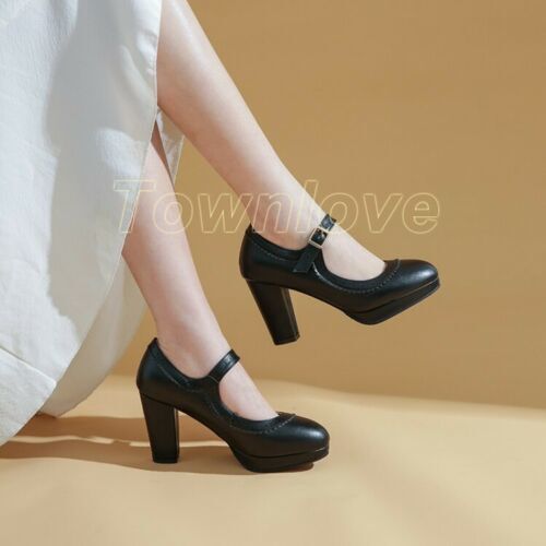 Womens Mary Jane Shoes Ankle Buckle Chunky Heels Pumps Round Toe Casual Shoes Sz