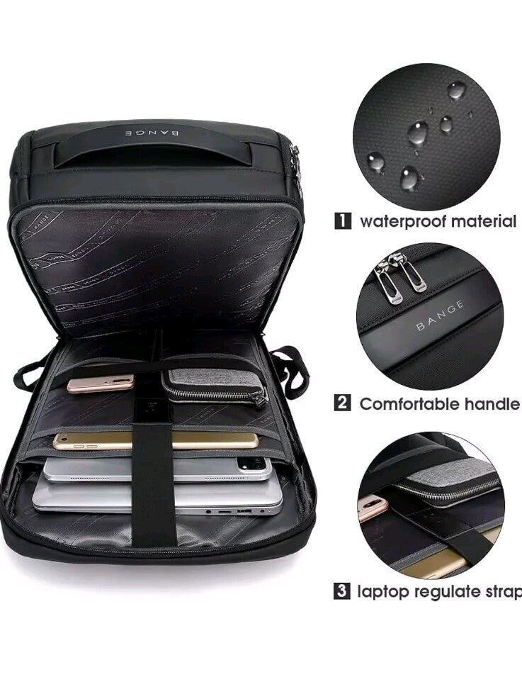 Bange 7267 Black 15.6" Laptop Travel Durable Smart Backpack W/USB Charging Port
