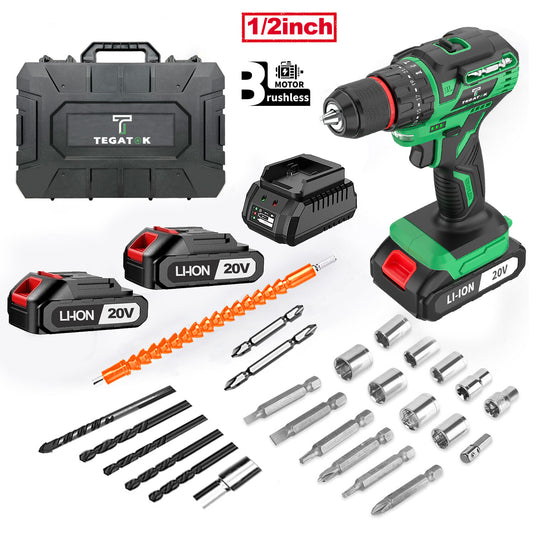 20V Cordless Brushless Drill Set,1/2 Inch Keyless Chuck Comes with Two Battery