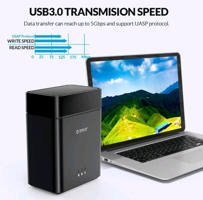 ORICO 2 Bay Hard Drive Enclosure USB Type-C to SATA for 3.5'' HDD SSD w/ Fan