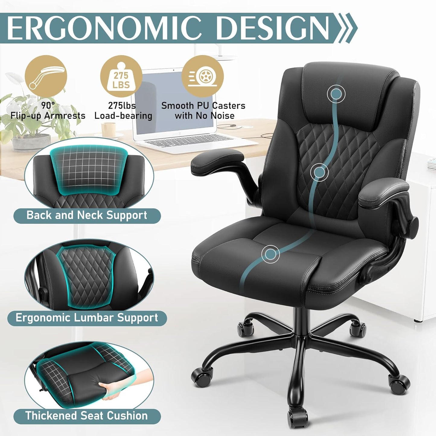 360°Swivel Free PU Home Computer Desk Chairs, Adjustable Armrests, Black