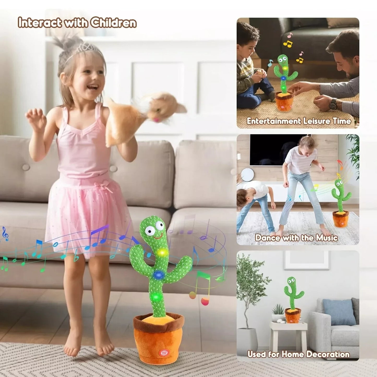 Dancing Cactus Repeat Talk Sing Glow Interactive Plush Toy for Kids | USB | USA