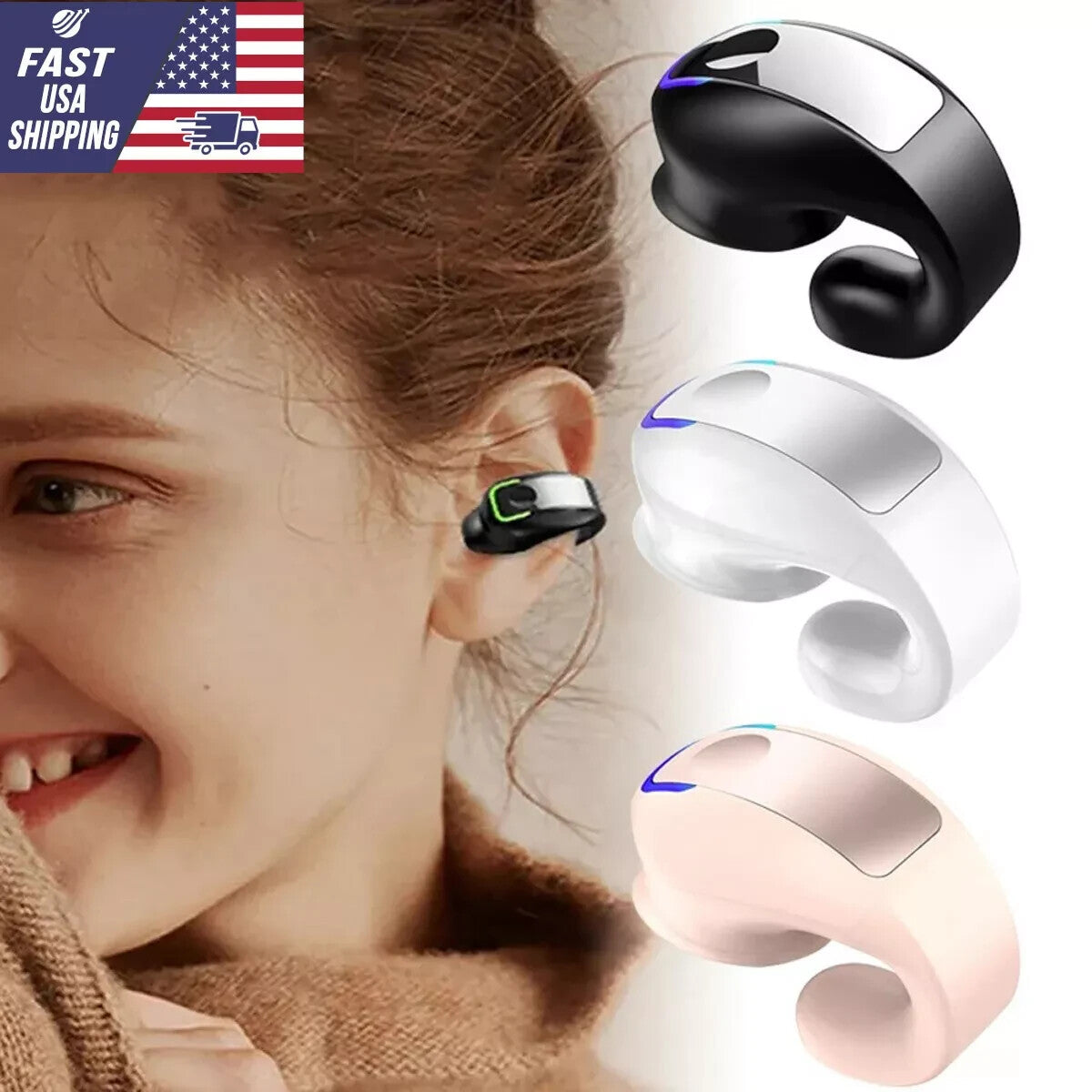 Bluetooth 5.3 Wireless Earbuds Ear Clip Bone Conduction Headphones Headset 2 Pcs