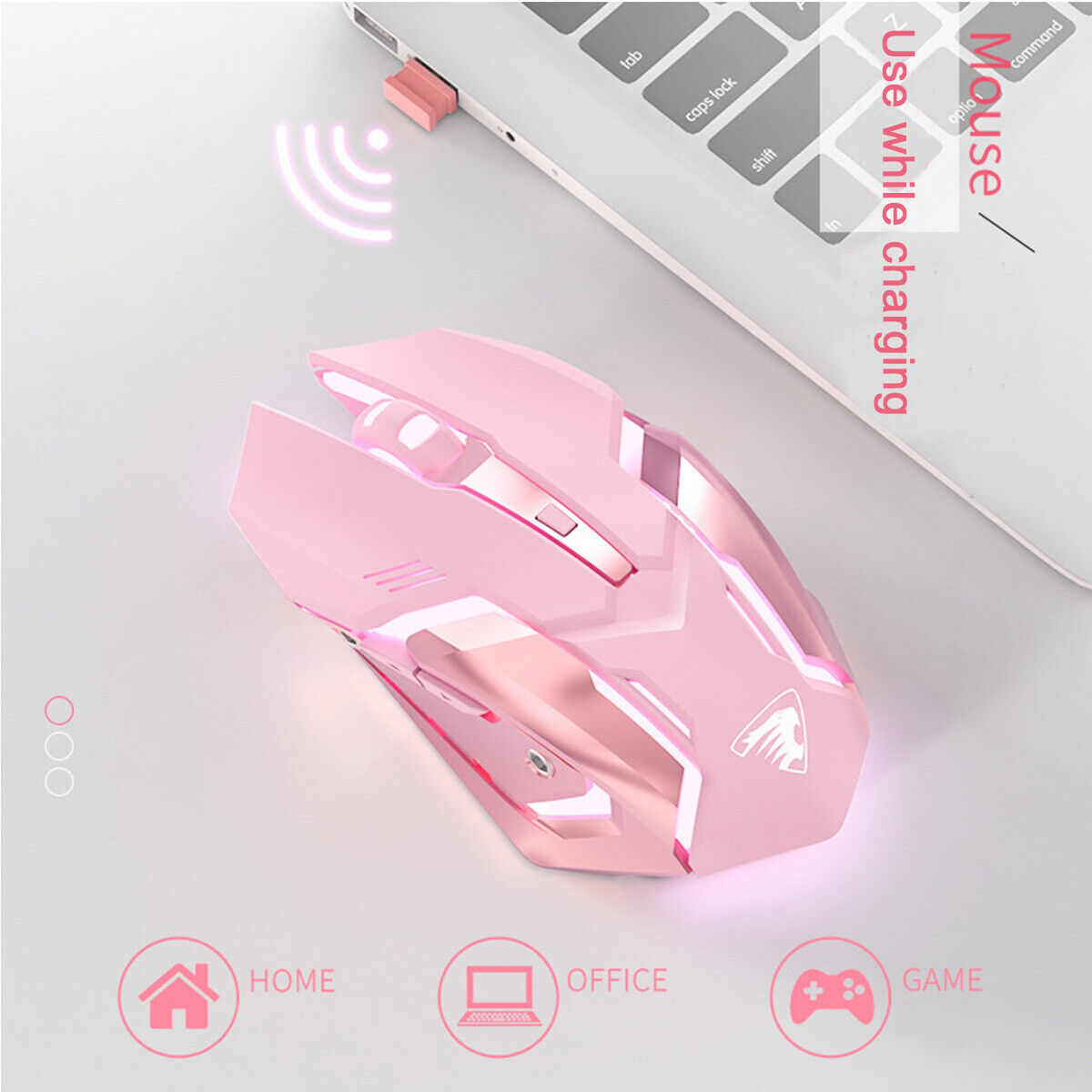 Pink Girl Wireless Mouse LED Braided Cable Adjustable 1600DPI for PC Laptop
