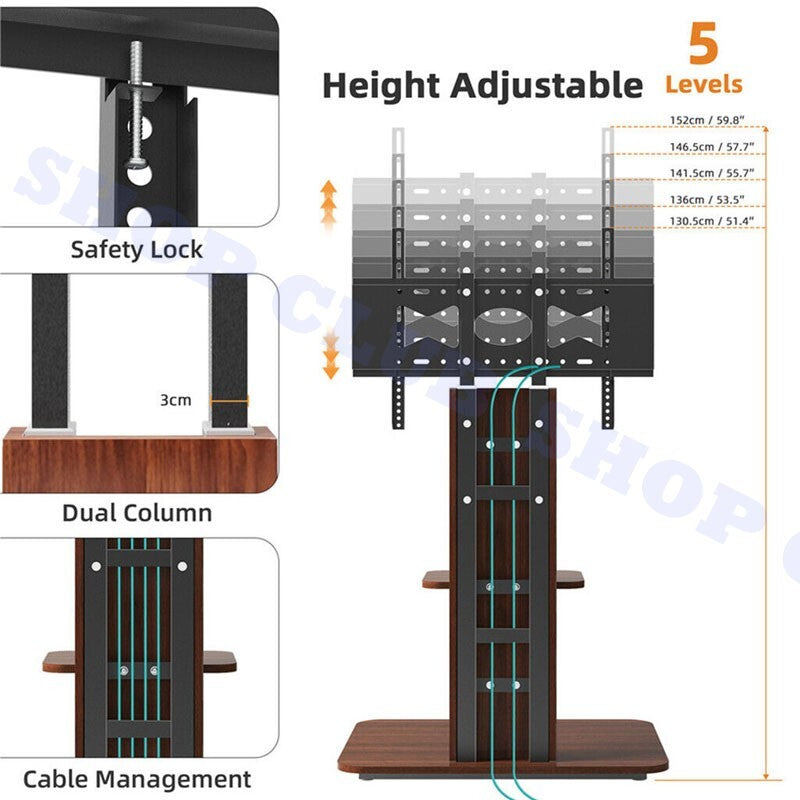 Heavy Duty TV Floor Stand 5-Levels Height Adjustable TV Mount Bracket Up To 65"