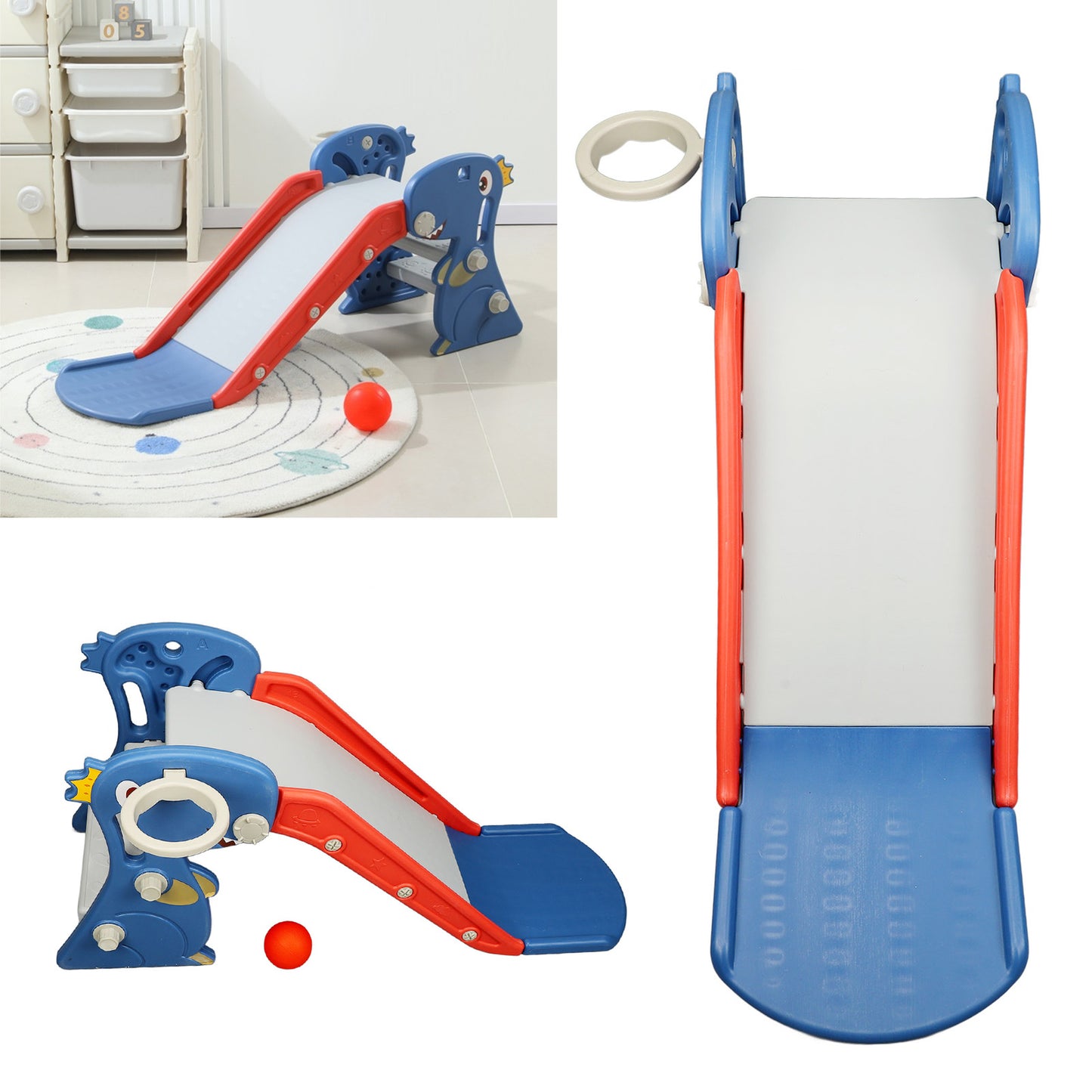 Toddler Indoor Slide for Age 0 To 3 Dinosaur Foldable Slide with Basketball Hoop