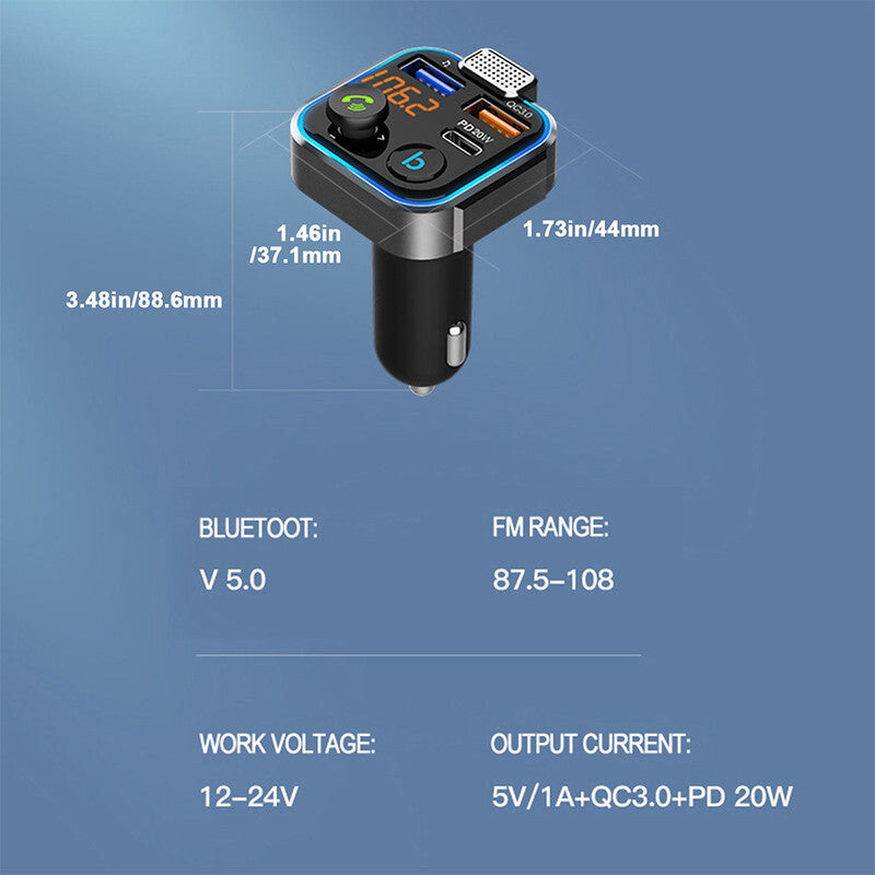 Bluetooth FM Transmitter Car Adapter QC3.0 PD USB Charger FM Radio Handsfree /
