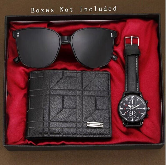 3Pc Black Fashion Quartz Watch Wallet and Glasses Set Men Holiday Gift New