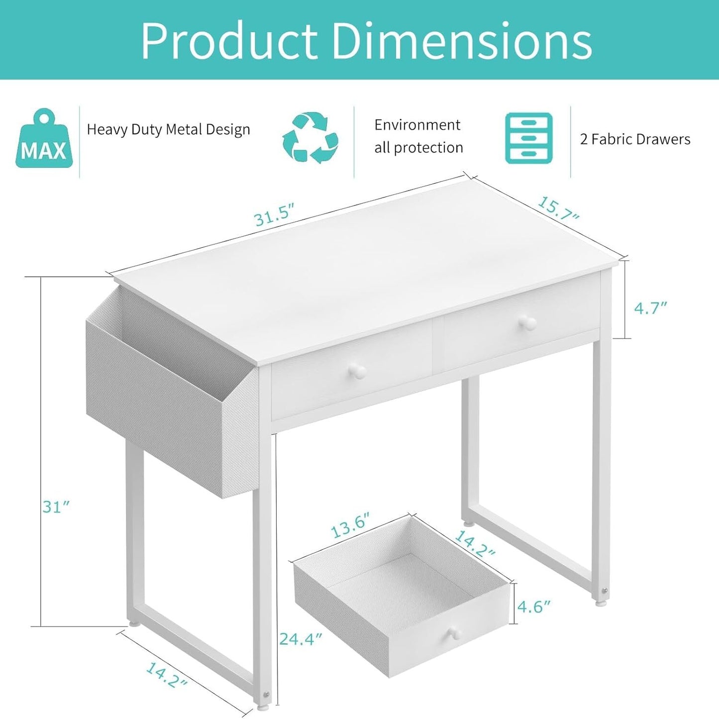 Small White Desk with Drawers - for Bedroom, 32 Inch Home Computer Desk