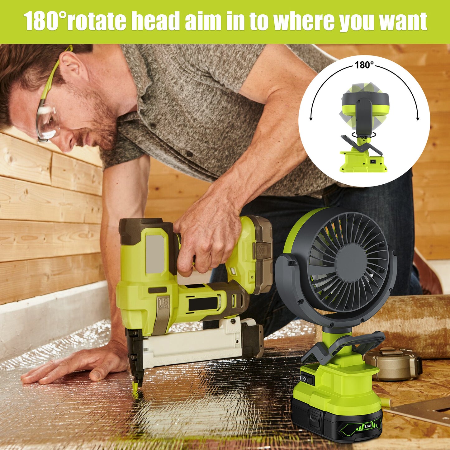 Portable Cordless Jobsite Fan For Ryobi 18V Battery With Led Light Outdoor