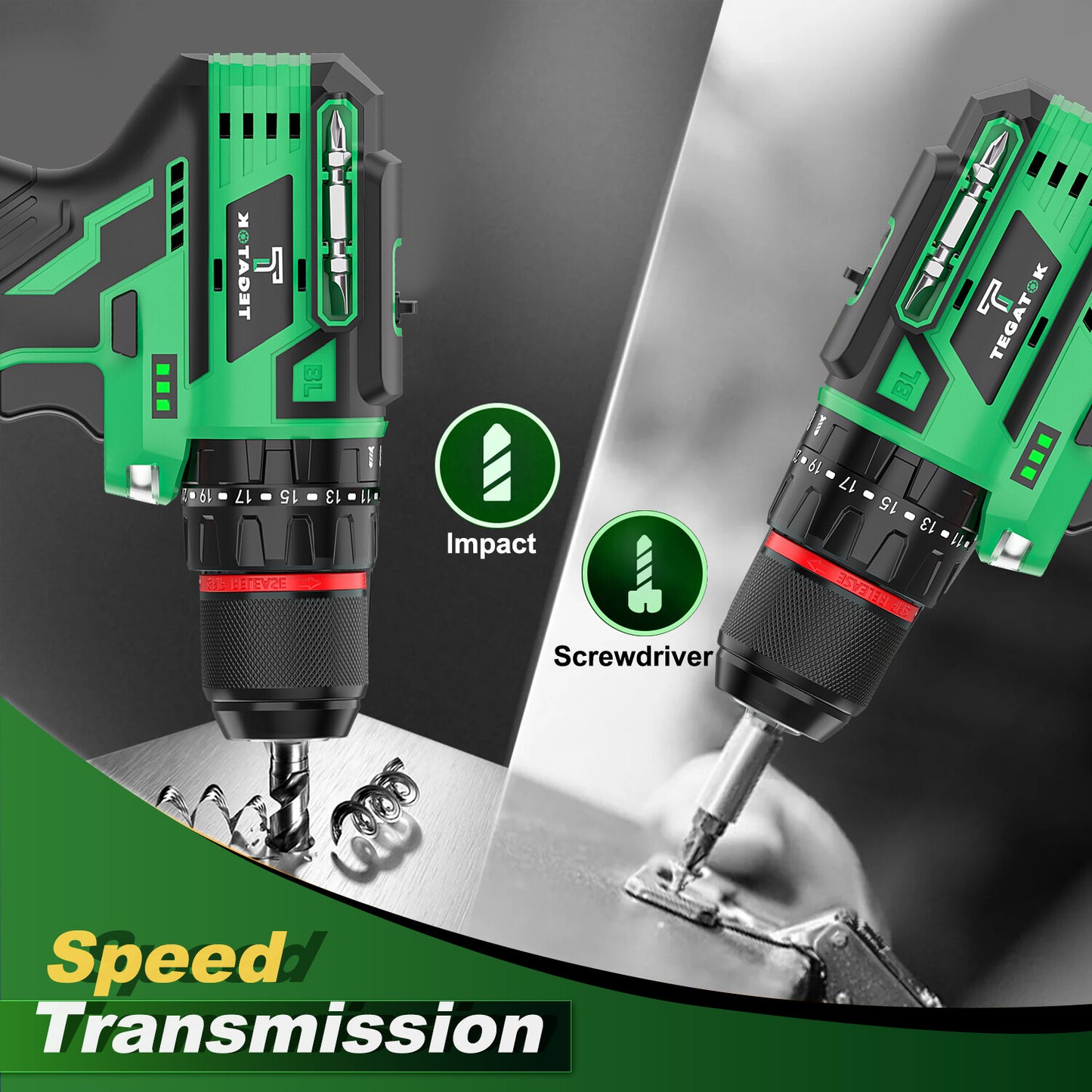 20V Cordless Brushless Drill Set,1/2 Inch Keyless Chuck Comes with Two Battery