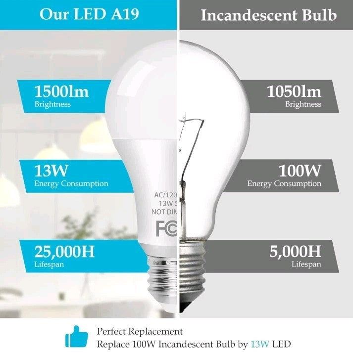 A19 LED Light Bulb, 100 Watt Equivalent LED Bulbs, 13W Daylight White 5000K