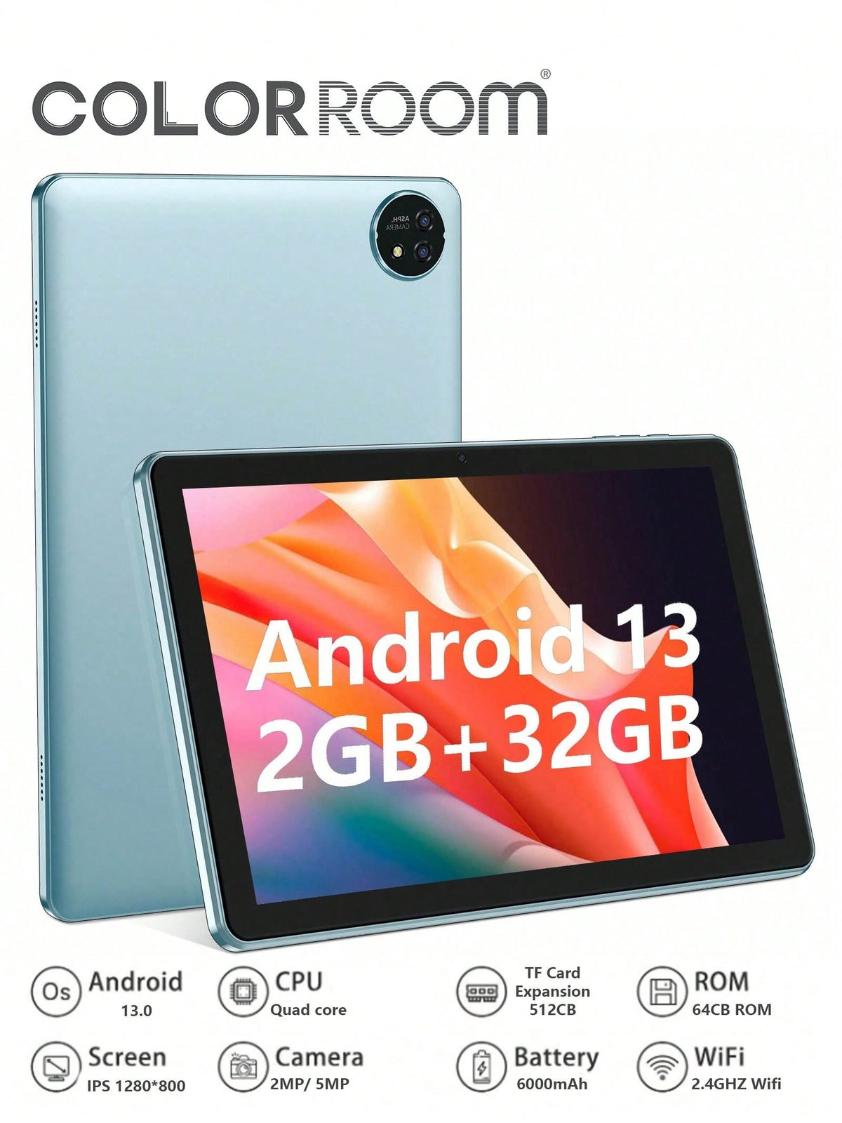 10" Android 13 Tablet, 6GB RAM, 64GB ROM, Dual Camera, GPS, 6000mAh, WiFi