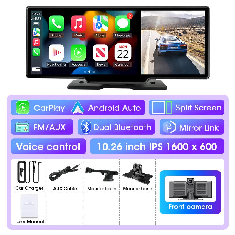11.26" Car DVR 4K Dash Cam Dual Lens Wireless Carplay & Android Video Recorder