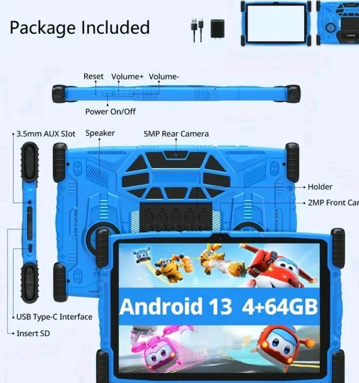 Kids Tablet, 10 Inch Tablet for Kids Android 13, 4GB+64GB/1 TB Expansion, Blue