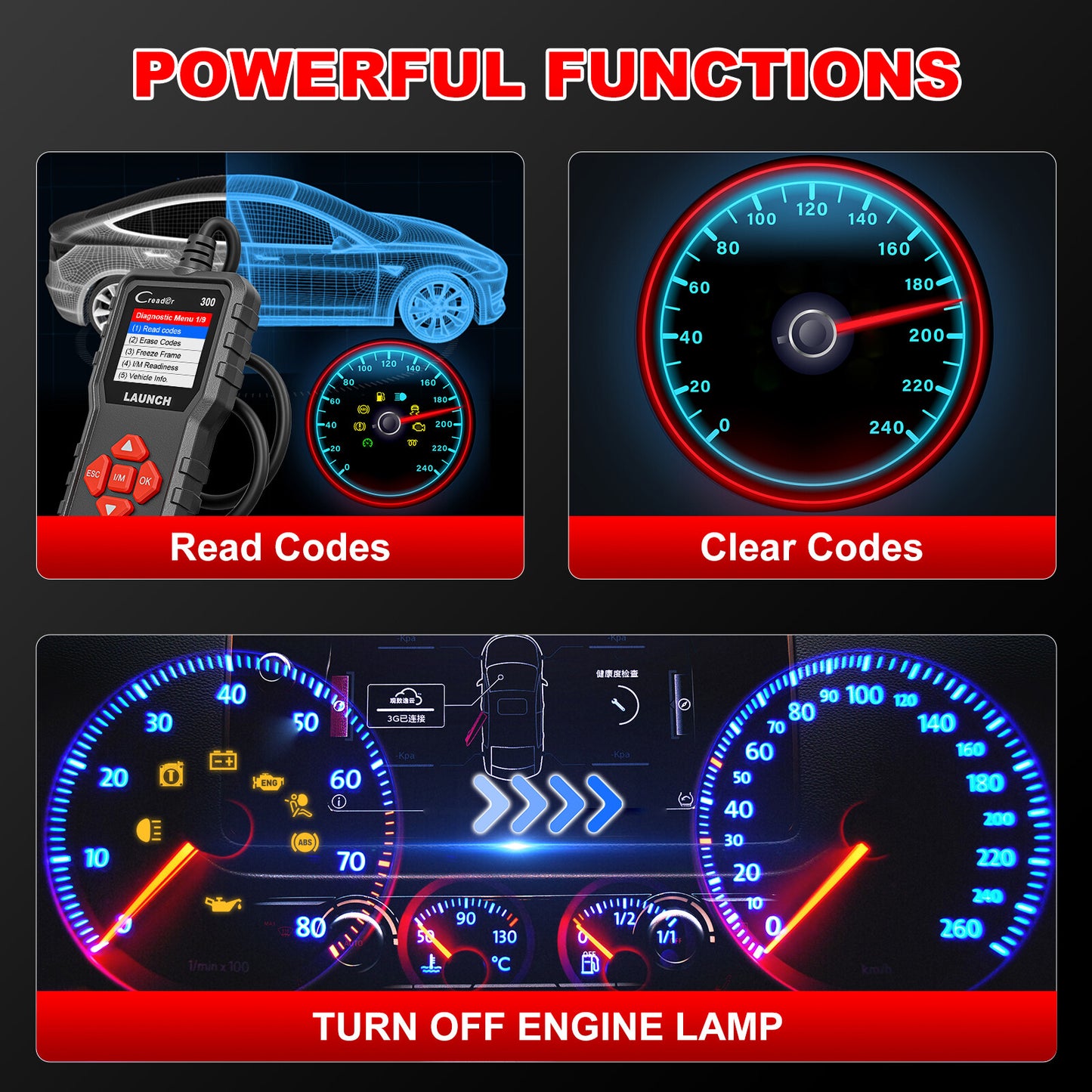 Launch CR300 OBD2 Scanner Code Reader Check Engine Fault Car Diagnostic Tool US