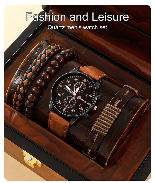 Brown Leather Quartz Watch For Men, Luxury Bracelet Set