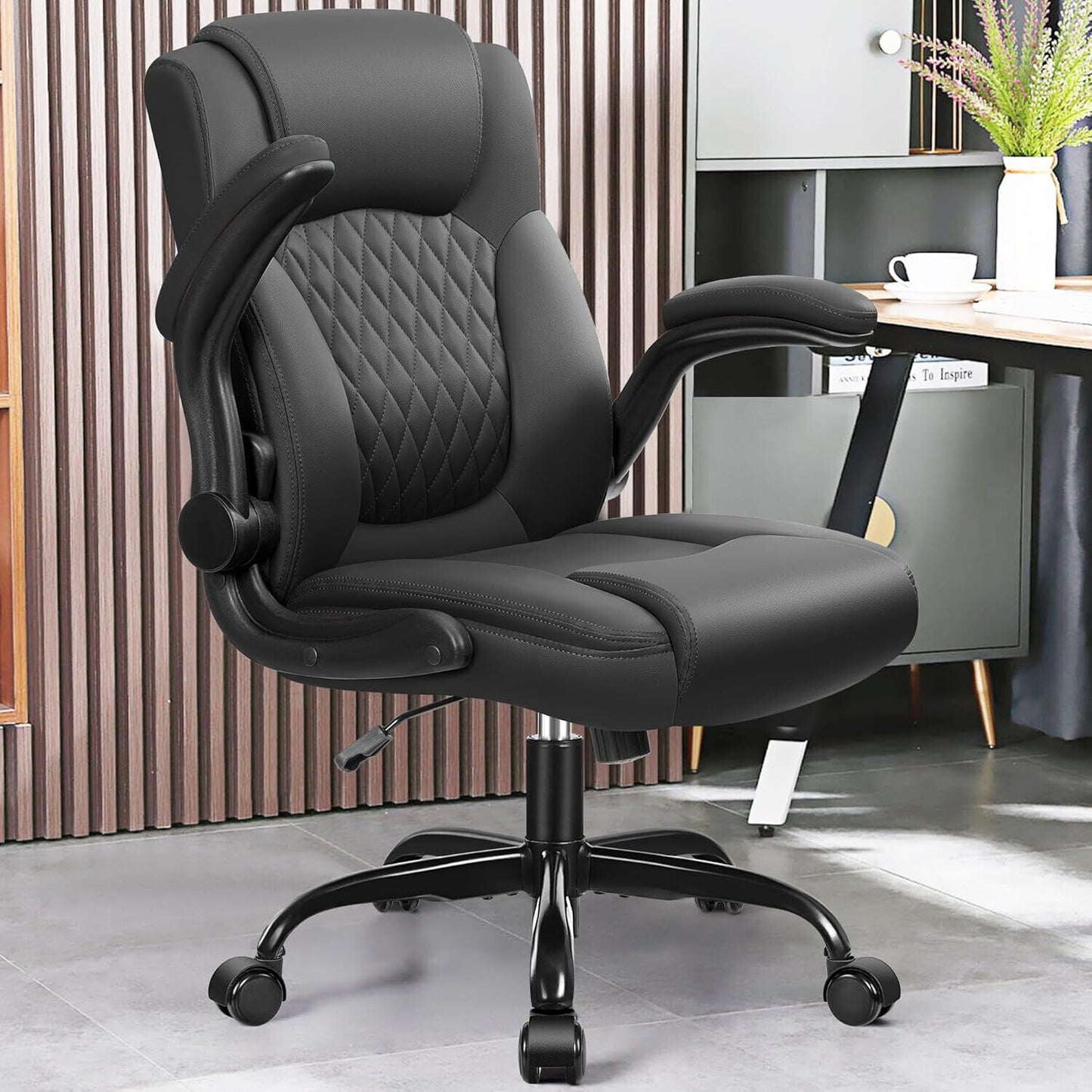 360°Swivel Free PU Home Computer Desk Chairs, Adjustable Armrests, Black
