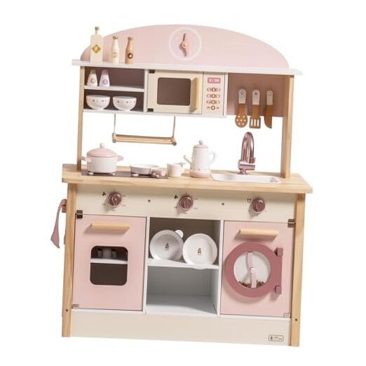 Play Kitchen for Kids Toddlers, Wooden Play Kitchen with Realistic Pink