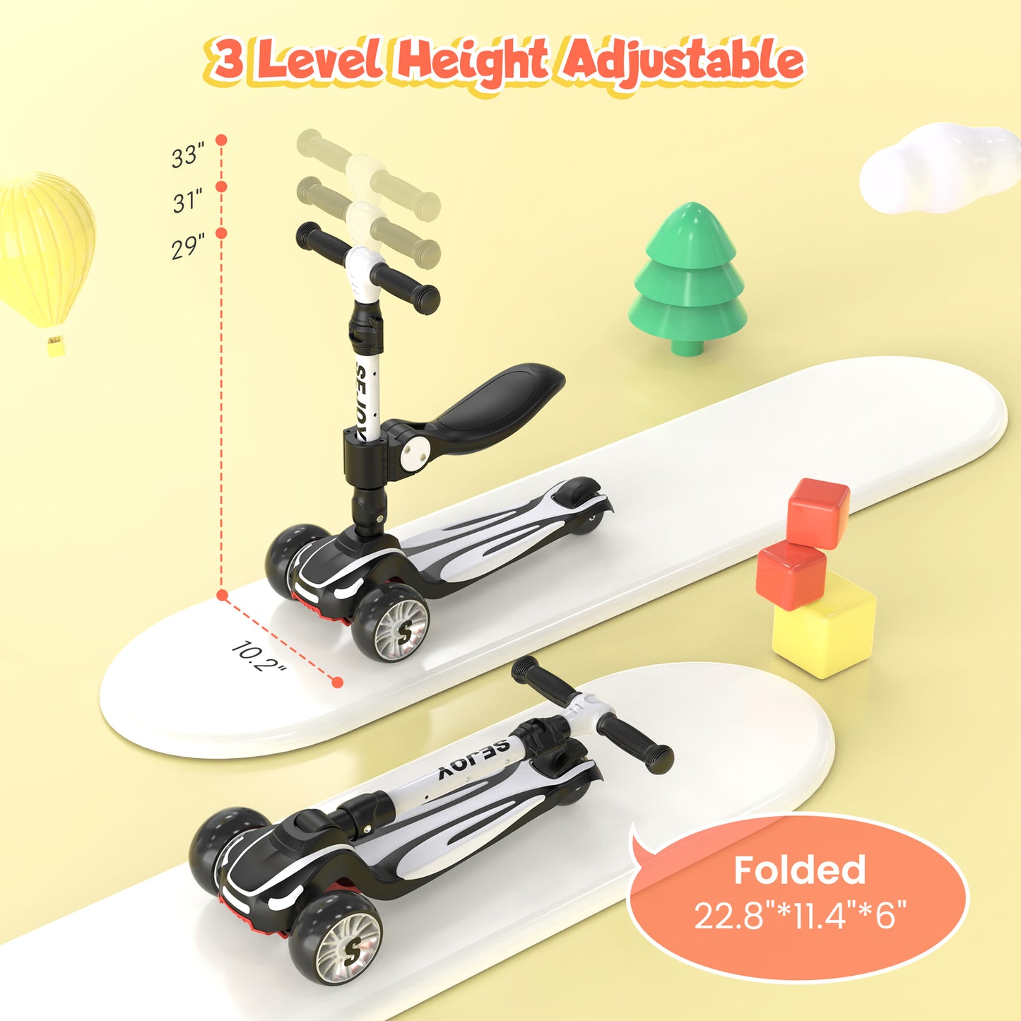 SEJOU Kids Scooter 3 Wheel LED Light Up Child Kick Flashing Push Adjustable Fold