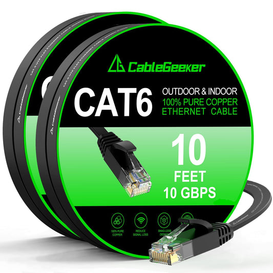 Cat6 Ethernet Cable 10ft 2 Pack Flat Snagless RJ45 Black 10Gbps