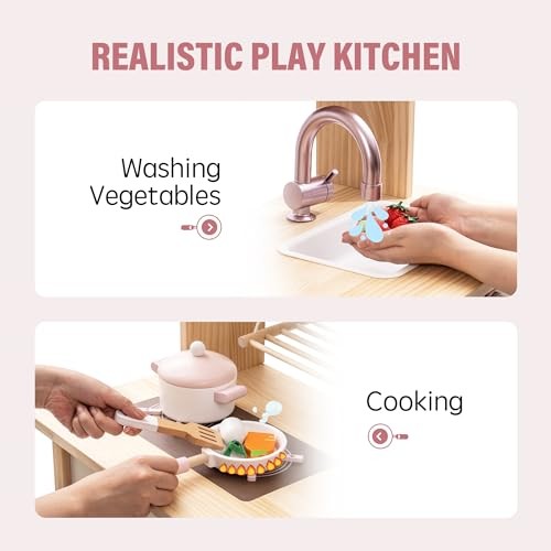 Play Kitchen for Kids Toddlers, Wooden Play Kitchen with Realistic Pink