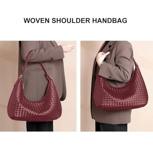 Shoulder Handbags Shoulder Bag for Women Totes Woven Vegan Leather Bag Burgundy