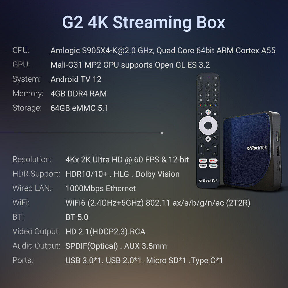 RockTek G2 4K TV Box Android 12 ATV Stream S905X4-K Media Player DTS Dolby Audio