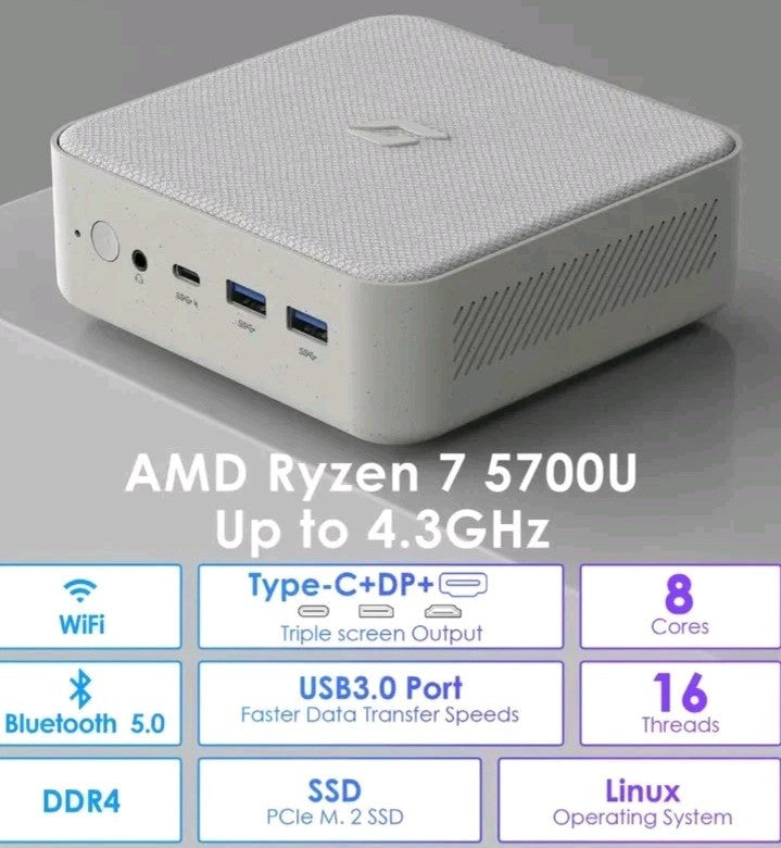 Linux Mini PC AMD Ryzen 7 5700U, 4K WiFi/BT5.0/USB3.0/Dual Channel