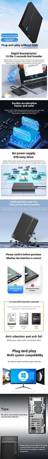 2.5" External Hard Drive Enclosure USB 3.0 Disk Case 6tb Supports 7mm 9.5mm (US)