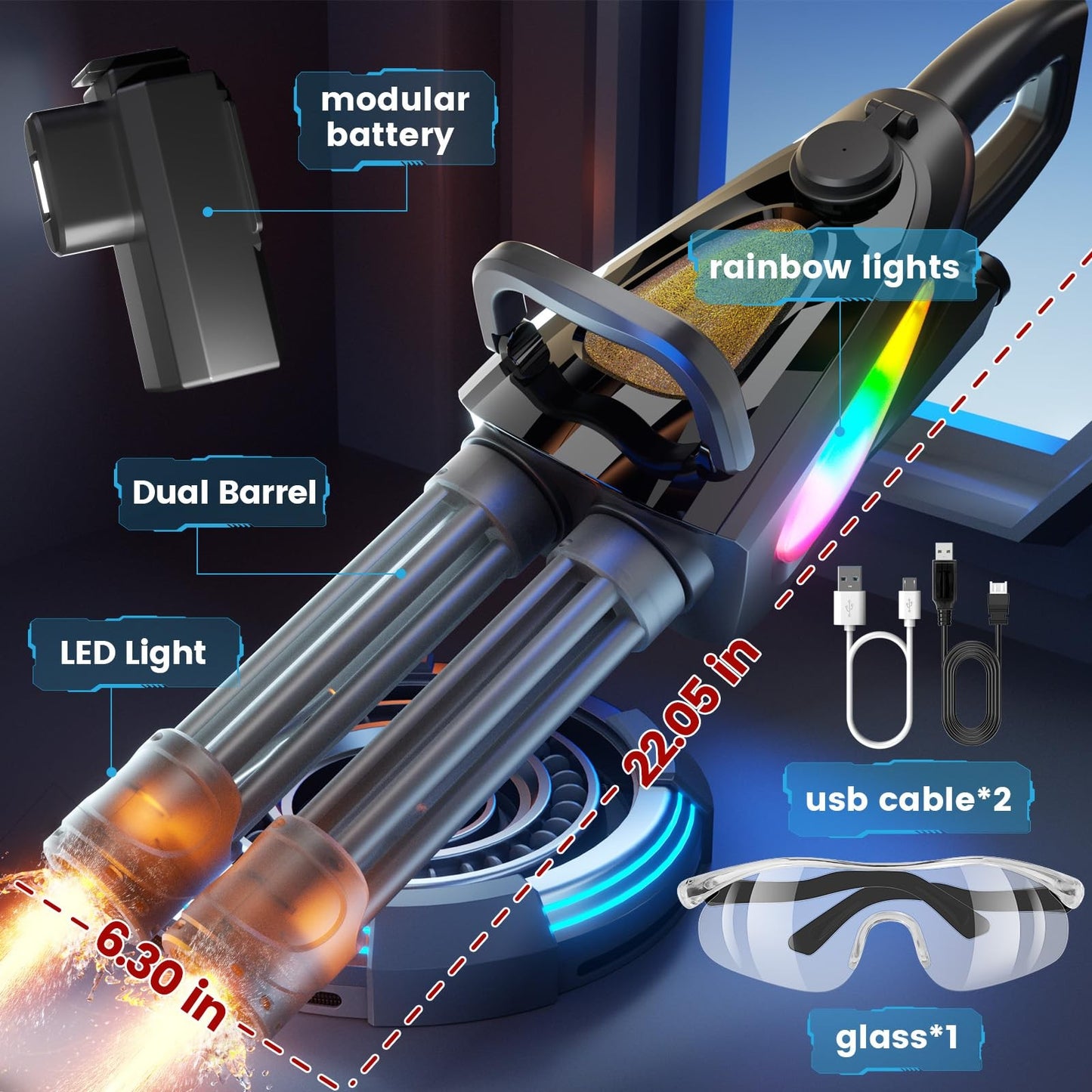 Gatling Electric Water Gun with Rotating Barrel, LED Muzzle Light, Dual Water...