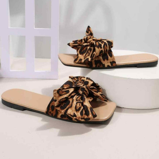 New Leopard Print Bow Decor Slide Sandals, Faux Suede Sz 7.5