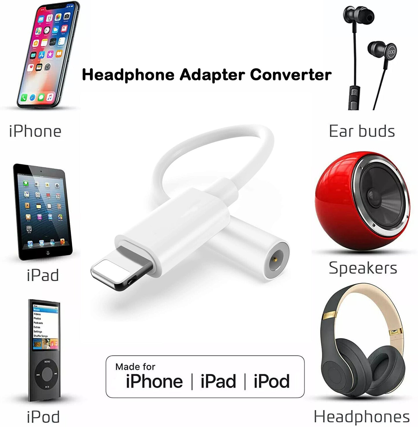 1-3PCS For iPhone Headphone Adapter Jack 8Pin to 3.5mm Aux Cord Dongle Converter