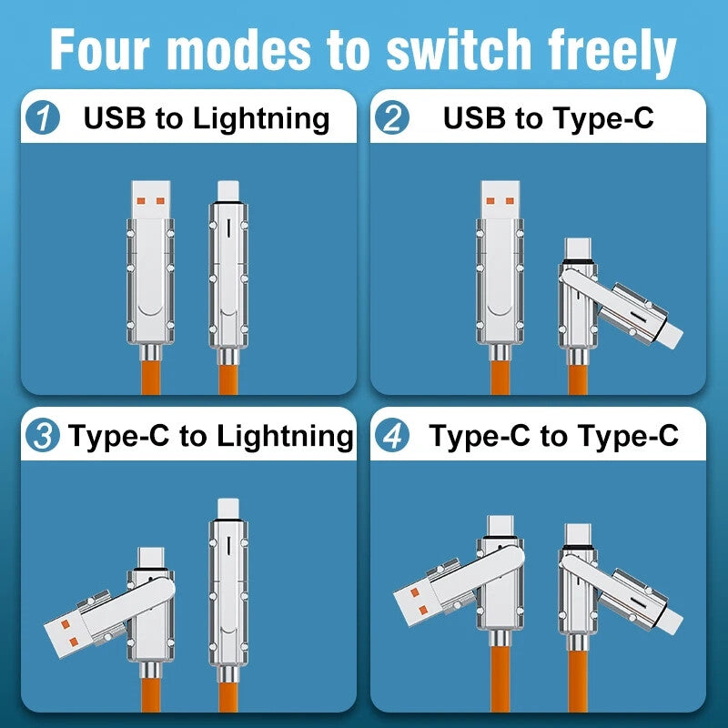 120W 4-In-1 Super Fast Charging Cable Charger Data Cord For iPhone Samsung iPad