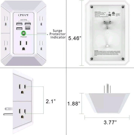 5 Outlet Extender with 4 USB Charging Ports (4.8A Total) 3-Sided Multi Plug Adap
