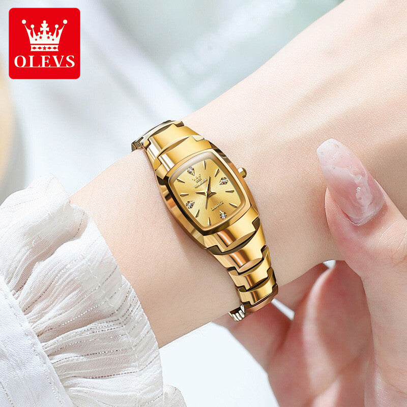 OLEVS Woman Fashion Tungsten Steel Rectangle Gem Waterproof Quartz Wrist Watches