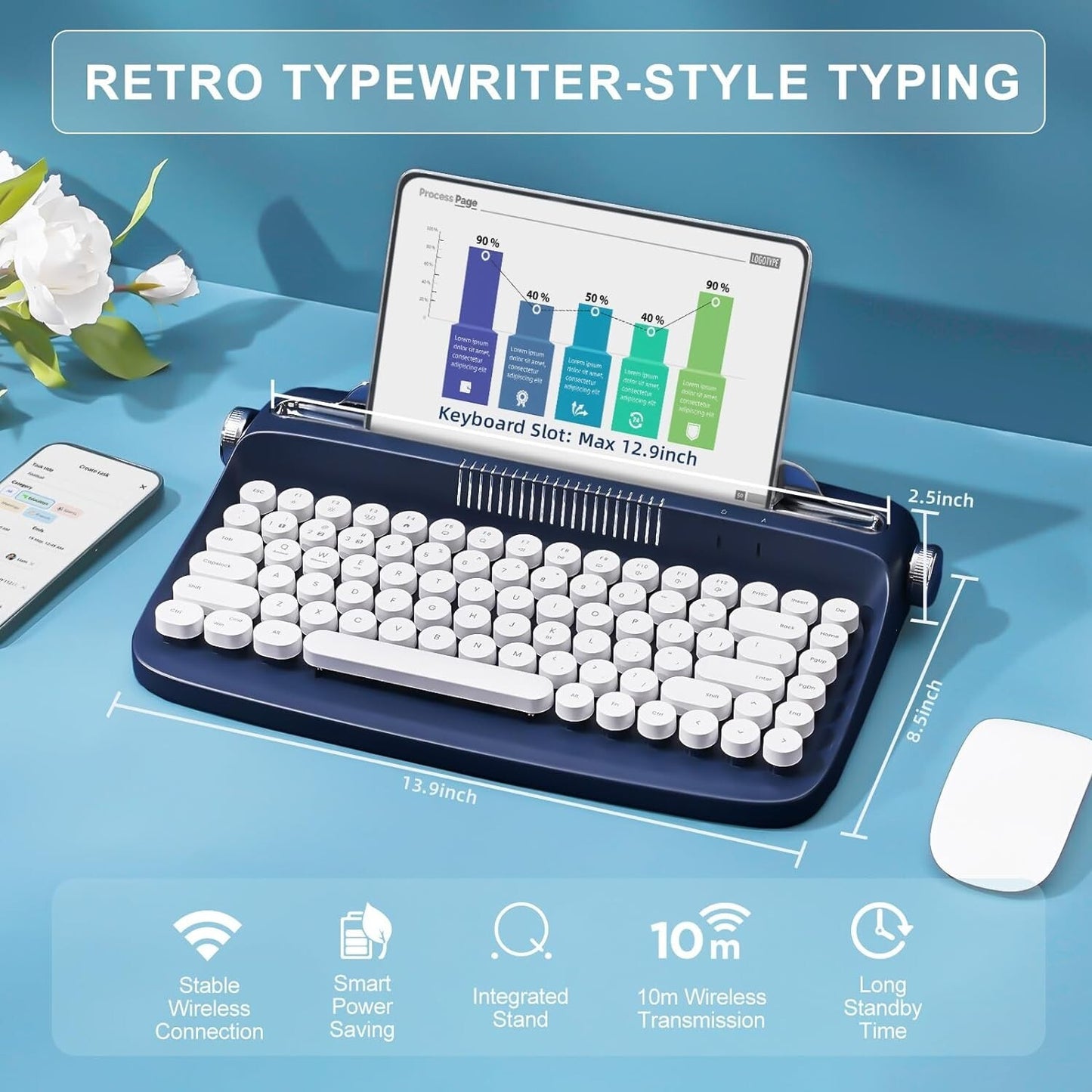 YUNZII ACTTO B303 Wireless Retro Typewriter 5.0 Bluetooth Keyboard Round Keycaps