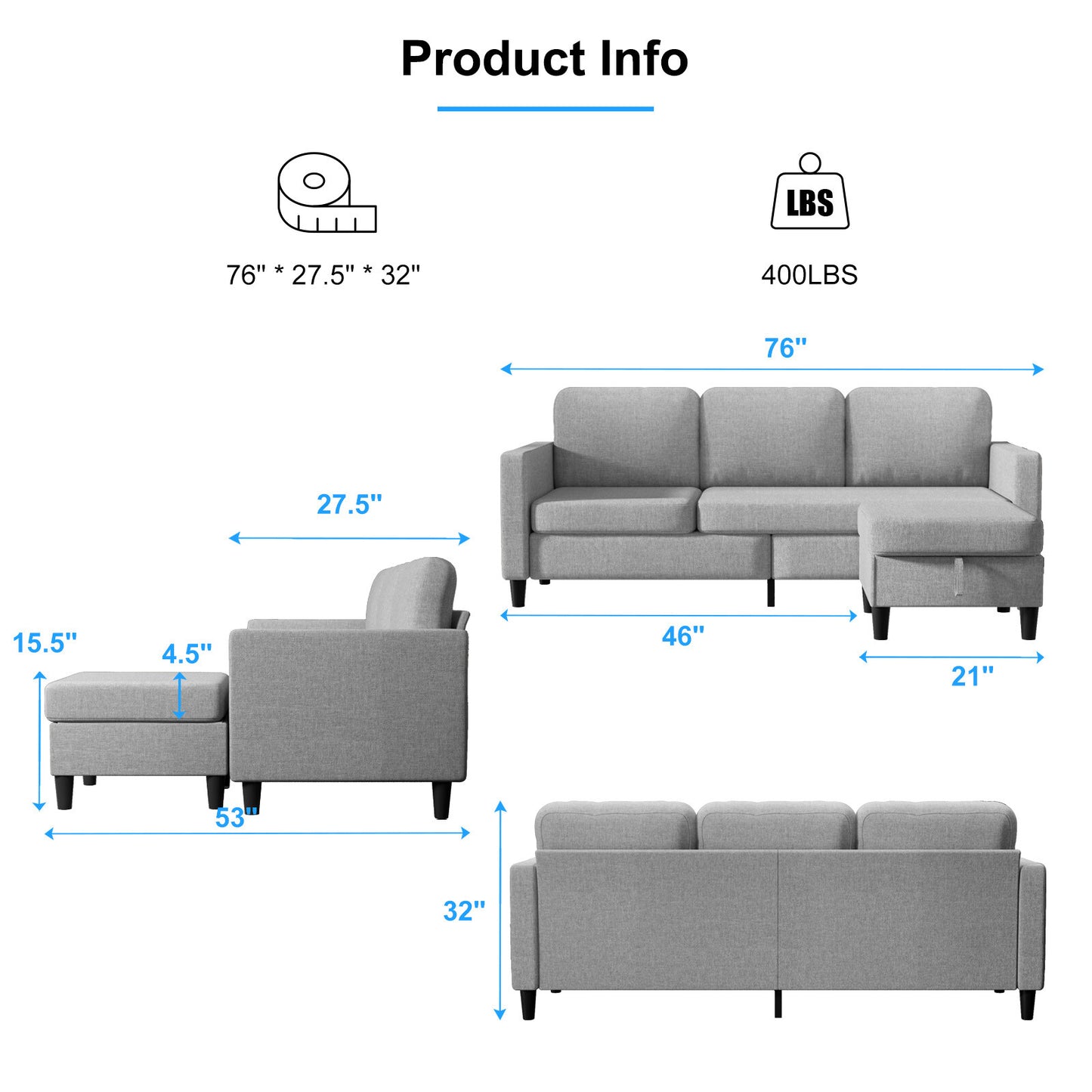 Small Sectional Sofa with Storage Ottoman,3 Seater L Shaped Sofa for Living Room