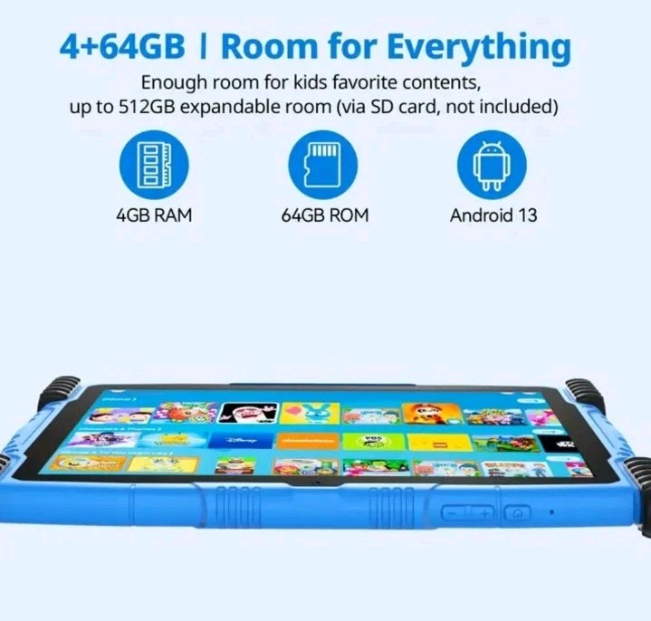 Kids Tablet, 10 Inch Tablet for Kids Android 13, 4GB+64GB/1 TB Expansion, Blue