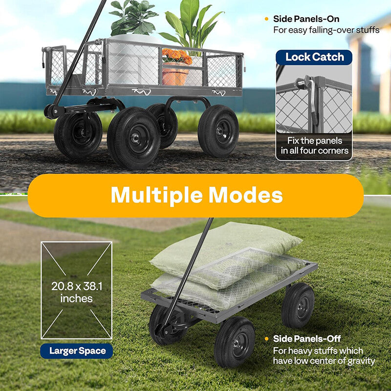 880 Lbs Lawn Garden Cart Utility Yard Pull Wagon Trailer w/ Removable Sides Grey