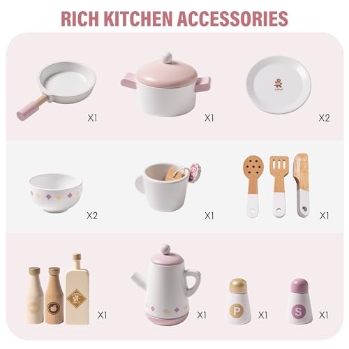 Play Kitchen for Kids Toddlers, Wooden Play Kitchen with Realistic Pink