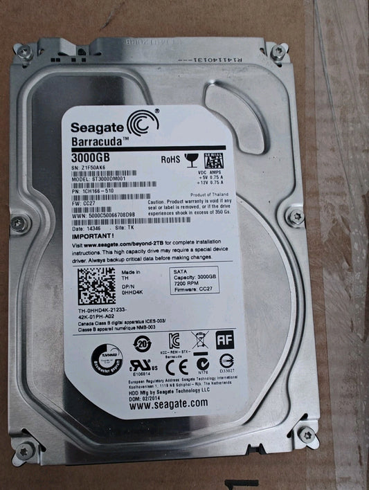 ST3000DM001 P/N: 1CH166-510 F/W: CC27 S/N: Z1F5 TK 3TB SEAGATE HHD Hard Drive