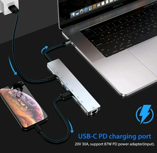 8 in 1 USB-C HUB Type-C Adapter For PC Windows Multi 3.0 4K HDMI Etherne 8 Ports